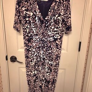Jones New York Front Twist Knot Midi Dress in Dark Navy Blue With Brown & Cream